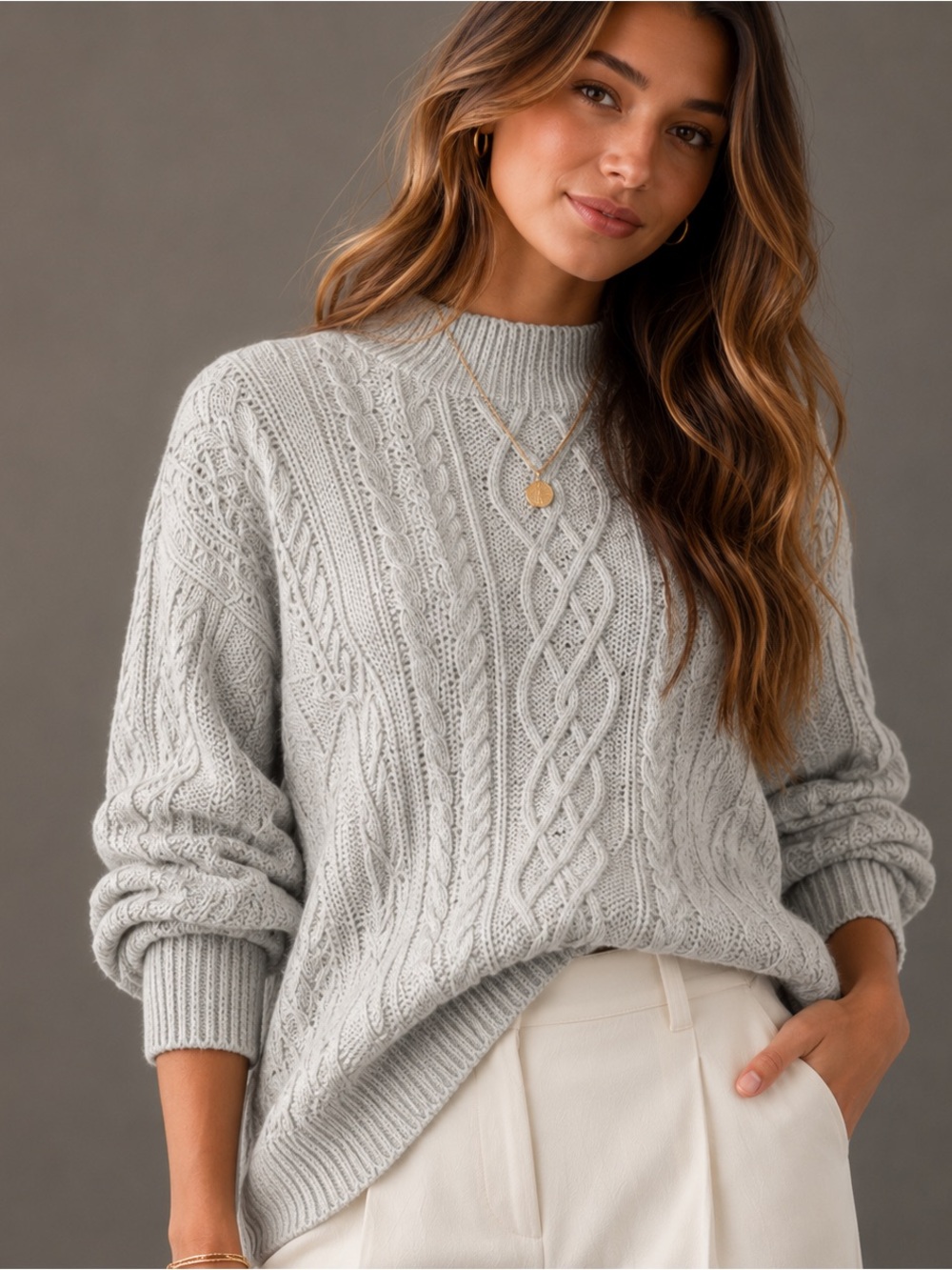 Vero Moda Light Gray Cable Knit Turtleneck Sweater Small Cozy Chunky Classic
